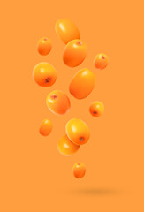 Levitation of sea buckthorn berries with natural texture on orange background for skincare design.