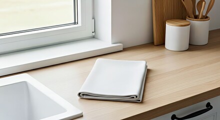 Nordic Hygge Blank Tea Towel Mockup in a Bright Kitchen