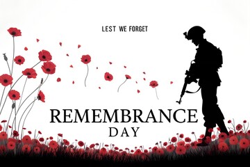 Silhouette of a soldier walking through a field of poppies for remembrance day