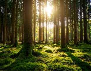 Fototapeta premium Sunlight streams through a dense forest floor covered in moss