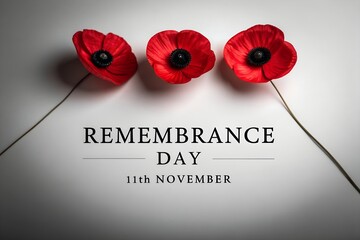 Remembrance day with three red poppy flowers isolated on white background