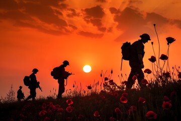 Silhouette of soldier walking through poppy field at sunset for remembrance day