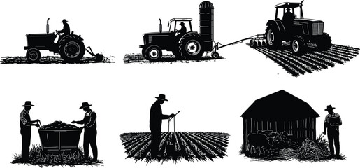 Naklejka premium Silhouette vector illustration of farmers working in fields, tractors plowing soil, harvesting crops, feeding animals, and practicing traditional agriculture.
