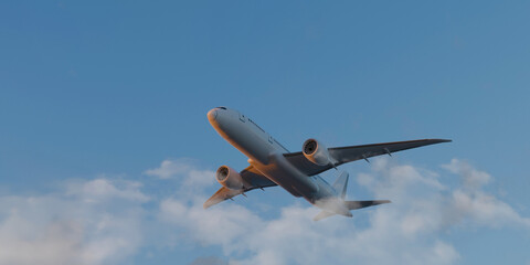 White passenger airplane flying in the sky amazing clouds in the background. 3d render. 