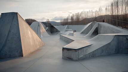 Empty modern concrete skatepark with ramps, bowls, and ledges, set outdoors against a backdrop of trees and hills.