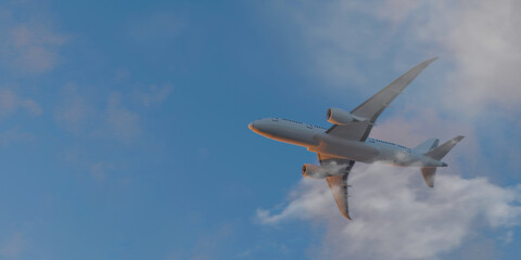 White passenger airplane flying in the sky amazing clouds in the background. 3d render. 