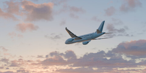 White passenger airplane flying in the sky amazing clouds in the background. 3d render. 