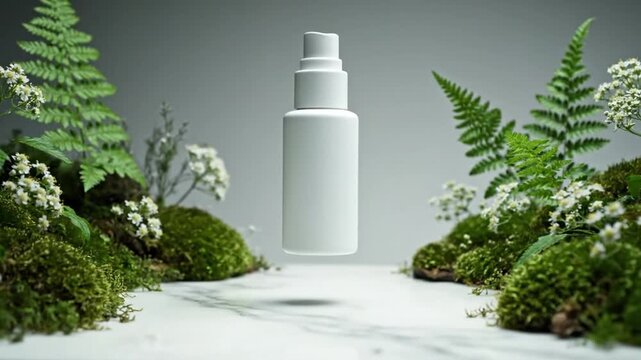 Aesthetic dolly shot of plain white cosmetic bottle mockup over marble botanical studio
