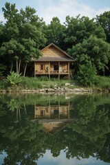 Fototapeta premium Rustic Cabin Retreat Tranquil Lake Reflections & Forest Scenery for Nature Lovers' Getaway