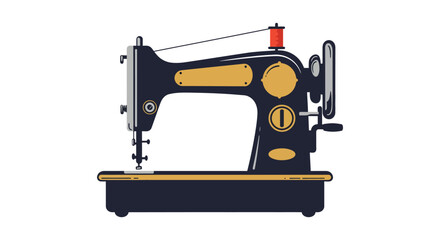A vintage black sewing machine with golden accents illustration style