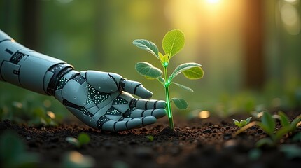 Robotic hand with glowing neon circuits gently touching the soil beside a young plant with digital binary code into its stem, symbolizing the fusion of technology and nature, Eco-Friendly Growth