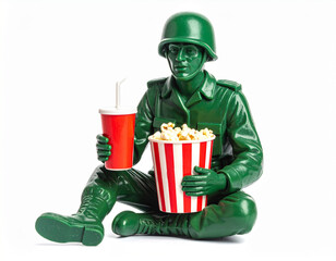 A seated green plastic toy soldier enjoys popcorn and a soda
