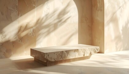 Minimalist stone pedestal with organic palm shadows on textured wall. Sunlit natural product display background.