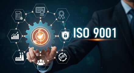 ISO 9001 Quality Management Concept — Glowing Gear, Certification Ribbon and Holographic