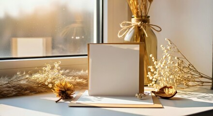 Square Greeting Card Mockup with Boho Chic Style and Golden Hour Light
