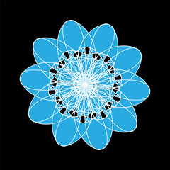 White and blue openwork floral pattern on black background