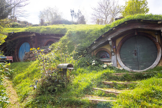 Hobbiton movie set in new zealand with round door