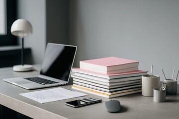 close-up of a desk in an office with documents, a laptop, and a phone on it, against a gray background, minimalistic style.