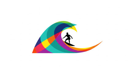Surfer silhouette riding a colorful abstract wave illustration on a white background.