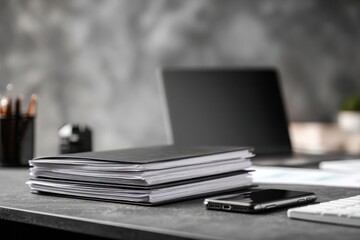 close-up of a desk in an office with documents, a laptop, and a phone on it, against a gray background, minimalistic style.