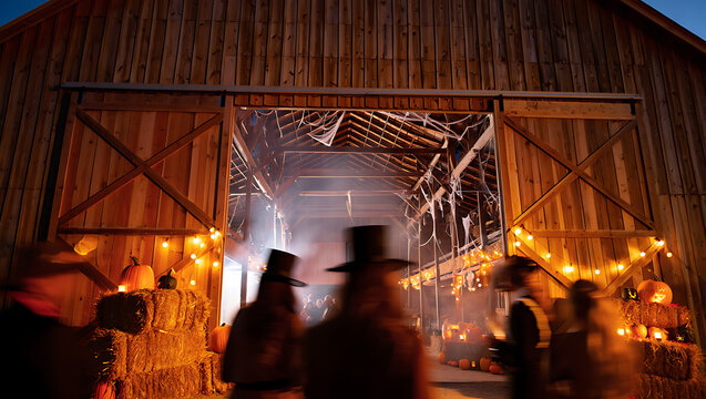 Silhouetted figures in top hats gather outside a rustic wooden barn adorned with warm string lights creating a mysterious and inviting atmosphere for an evening event