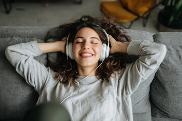 Fototapeta premium Young woman relaxing in cozy clothes enjoying music through headphones, lying on a comfortable sofa at home in a calm, peaceful mood.