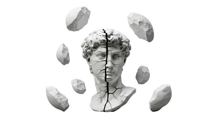 Isolated cracked statue of David head with stone chunks around, representing fragility