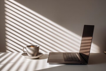 modern home office setup with a laptop and coffee cup on a white table in sunlight. the shadow of window blinds on the wall creates a mockup for online work or remote working concept. close-up view.