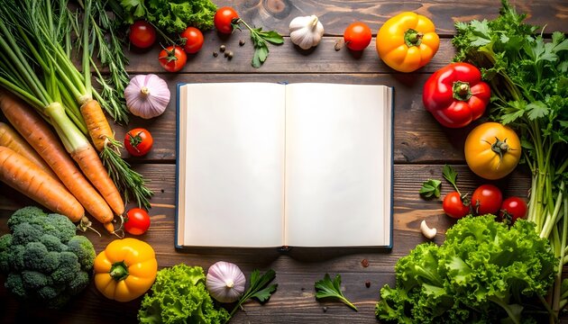 Open recipe book surrounded by fresh vegetables on a rustic wooden table - Powered by Adobe