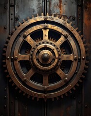 Fototapeta premium Intricate steampunk gear design on a dark background.