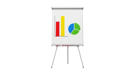 Isolated whiteboard with bar graph and pie chart representing data analysis and business success