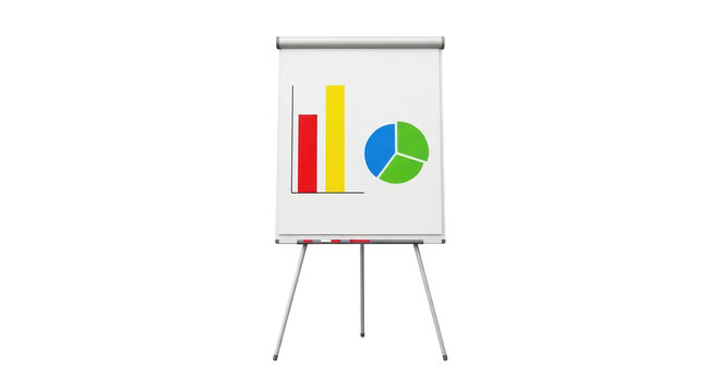 Isolated whiteboard with bar graph and pie chart representing data analysis and business success