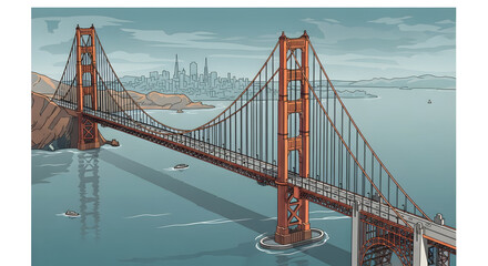 Bridge Over Water with City Skyline in Distance Drawing