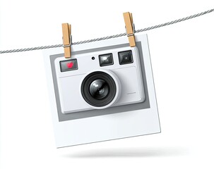 A white instant camera image hangs from a clothesline by wooden clothespins, a small red heart adorns its screen