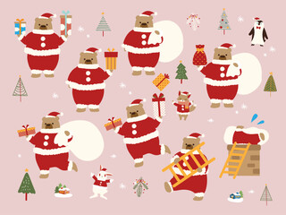 くまサンタと仲間たちのクリスマスイラストセット/Cute Santa Bear and Friends Christmas Illustration Set