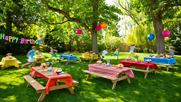 Vibrant outdoor birthday party scene with colorful picnic tables balloons and happy children playing in a lush green garden setting