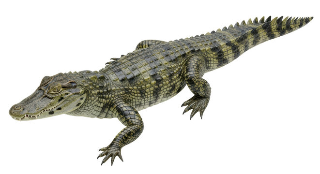 Isolated Yacare caiman in a relaxed position with visible scales and sharp teeth, side view