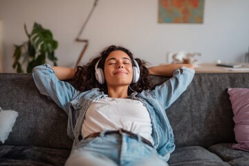 Obraz premium Young woman relaxing in cozy clothes enjoying music through headphones, lying on a comfortable sofa at home in a calm, peaceful mood.