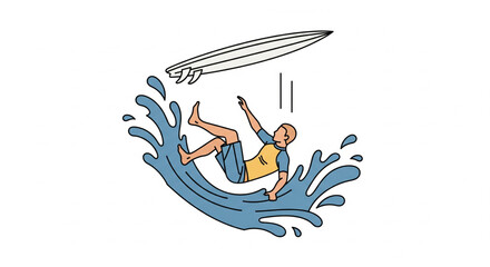 Surfer wiped out by a wave, losing his board, falling into the ocean's spray.