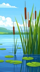 Landscape of a lake with reeds and lily pads