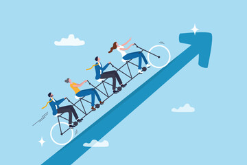 Teamwork growth success together, collaboration or cooperation help support colleagues, motivation or union support, leadership, business people riding bicycle together on career growing arrow.