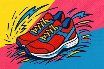 Modern pop art style of Red running shoes with lightning design on colorful background