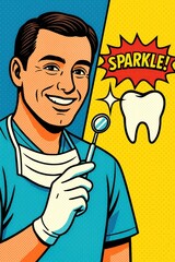 Modern pop art style of Dentist holding dental mirror with sparkling tooth illustration in clinic