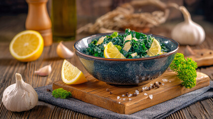 Delicious Lacinato kale salad, tossed with lemon wedges and seasoned with salt and pepper, served in a rustic blue bowl on a wooden board
