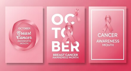 Collection of pinkthemed breast cancer awareness posters promoting support, unity, and early detection, symbolizing hope and strength in the fight against the disease