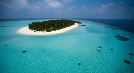 Aerial View of Tropical Island with Turquoise Water and Palm Trees in Maldives
