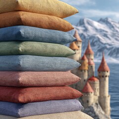 A stack of ten rectangular pillows in muted earth tones sits in the foreground, with a fairytale castle and snowy mountains in a softly blurred background