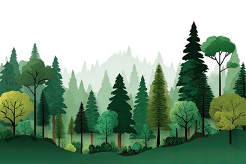 A stylized illustration of a verdant forest scene, featuring various conifers and deciduous trees against a hazy mountain backdrop