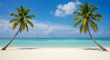 Obraz premium Azure Tropical Paradise Beach with Palm Trees White Sand and Turquoise Water Under Clear Blue Sky on Sunny Day