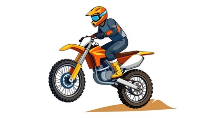 Obraz premium A colorful motocross rider soars through the air on a vibrant orange and white motorcycle, set against a plain white backdrop.